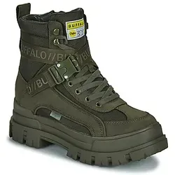 Buffalo Stiefelette Kunstleder/Textil in Khaki - Stylische Schnürstiefelette mit warmer Fütterung und bequemer, auswechselbarer Decksohle. Ideal für trendbewusste Damen, die Komfort und Design schätzen.