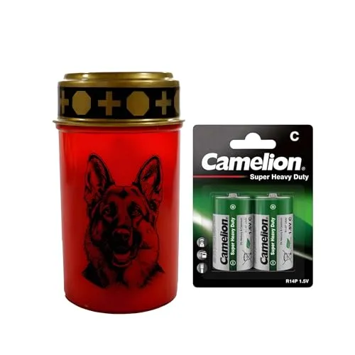 Fachhandel Plus LED Grablicht Hund mit Batterien – Grabkerze LED, wetterfeste Grableuchte Ewiges Licht mit Hundemotiv, warm flackerndes Gedenklicht für Tiergrab & Gedenkstätte (Rot, Schäferhund)