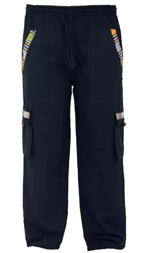 GURU SHOP Yogahose, Goa Hose im Ethnostyle - Schwarz, Herren, Baumwolle, Size:M - Yoga-Hosen für Herren, leichte Goa Hose aus Baumwolle mit elastischem Bund und traditionellen nepalesischen Webbordüren für einen einzigartigen Ethnostyle.