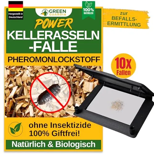GREEN GUARDIA Kellerasseln Falle mit Pheromon-Lockstoff - 10x Fallen - Fallen zur Schädlingsbekämpfung, chemiefrei und sicher für Kinder und Haustiere – effektive Bekämpfung von Kellerasseln mit bis zu 8 Wochen Wirkungsdauer.