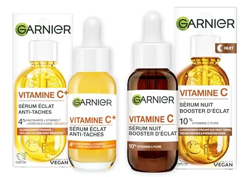 Garnier Skin Active – Set mit Antiflecken braunen Flecken + Glanzserum für Nacht – Gesichtspflege angereichert mit Vitamin C – Vegan & Cruelty Free – für alle Hauttypen – 2 x 30 ml
