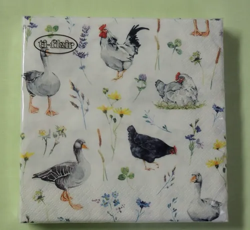 Servietten Tiermotive Hühner und Gänse als Tischdeko. Papierservietten mit Motiv. Auch für Decoupage und Serviettentechnik 33x33cm 20