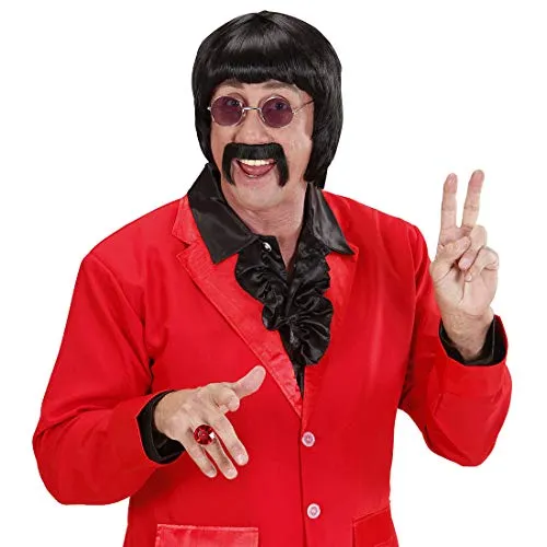 Amakando Schlager-Star Perücke mit Schnurrbart und Brille/Schwarz/Entertainer Faschingsperücke für Herren/Perfekt geeignet zu Fasching & Schlagermove