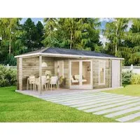 Alpholz Gartenhaus Liwa 5-Eck mit Anbau - Gartenhäuser aus Nordischer Fichte, 714x302 cm, mit 2 bodentiefen Fenstern und robustem Walmdach – ideal für kreative Rückzugsorte im Garten.