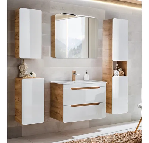 Lomadox Badmöbel Set in Hochglanz Weiß mit Wotan Eiche Nb. von Lomadox