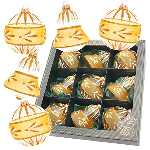 Krebs Glas Lauscha Weihnachtsbaumkugel 9er Set - Goldene Banderole mit Blättern - Weihnachtskugeln, handdekoriert und mundgeblasen, bringen edlen Glanz und natürliche Eleganz in Ihre Weihnachtsdekoration.