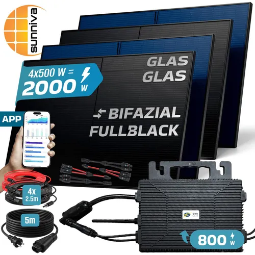 SUNNIVA Balkonkraftwerk 2600W/800W - Komplettset für Ihre Solarenergie - Balkonkraftwerk: Genehmigungsfreie Solaranlage mit bifazialen 500W Modulen, die bis zu 30% mehr Energie liefert. Ideal für Balkon, Terrasse oder Garten - einfach zu installieren und spart bis zu 360€ Stromkosten jährlich.