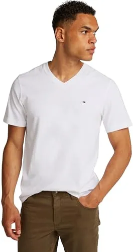 Tommy Hilfiger Herren T-Shirt Essential Tee V-Ausschnitt, Weiß - T-Shirts für Herren – Angenehmes Baumwoll-Shirt mit optimaler Passform und Tommy Hilfiger Flag für lässigen Stil in jedem Alltag.