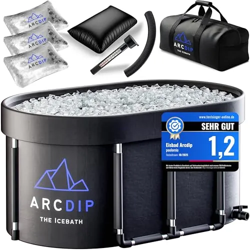 poolomio® Eisbad Oval Premium Set 120 x 60 x 60 cm | XXL Eisfass 340L für Zuhause & Outdoor | Eistonne mit Aluminiumrahmen, Isolierdeckel & Zubehör | Eiswanne für Kältetherapie & Regeneration