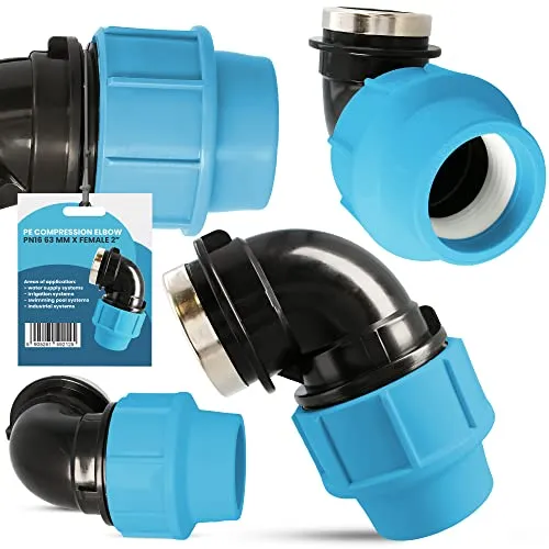 PE Rohr Winkel 90° Bogen PN16 (63 mm x 2'' IG) Kupplung Fitting Wasserrohrbogen L-Stück Bewässerungssystem Wasserleitung Wasserrohr Verbinder Garten Versorgungsleitung Pipeline Sprinklersystem