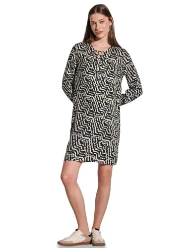 STREET ONE Damen A144442 Gemustertes Tunika-Kleid, Black, 40 - Freizeitkleid für Damen mit V-Ausschnitt und Schürdetail, ideal für lässige Anlässe. Weiche Viskose und seitliche Taschen sorgen für hohen Tragekomfort.