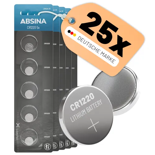 ABSINA CR1220 Knopfzellen 3V Lithium 5x 5er Pack - Batterien CR 1220 langlebig