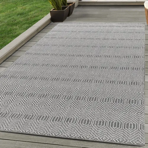In & Outdoor Teppich Boho Design Wetterfest für Terrasse Balkon Küche, Farbe:Grau, Grösse:60x100 cm