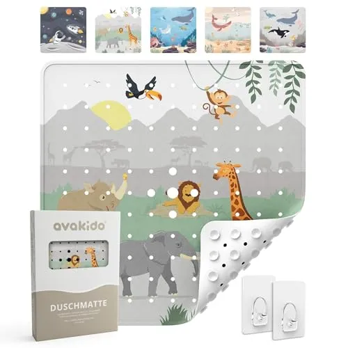 avakido® Duschmatte rutschfest Kinder - 100% BPA frei Inklusive 2 Haken zum Trocknen - Antirutschmatte, Duscheinlage - schimmelresistent & maschinenwaschbar