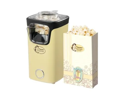 Bestron Popcornmaker, Turbo-Popcorn in unter 2 Minuten, Popcornmaschine mit Heißlufttechnologie, inkl. 10x Popcorntüten & integrierten Messbecher, Sweet Dreams Kollektion, Farbe: Gelb