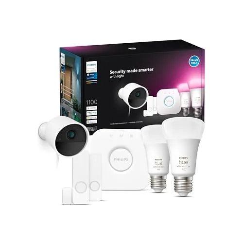 Philips Hue Secure Kamera Set WCA E27 - Überwachungskameras: Starten Sie mit diesem umfassenden Smart-Home-Sicherheitspaket, das eine hochwertige Kamera, Kontakt-Sensoren und farbige E27-Glühbirnen enthält.