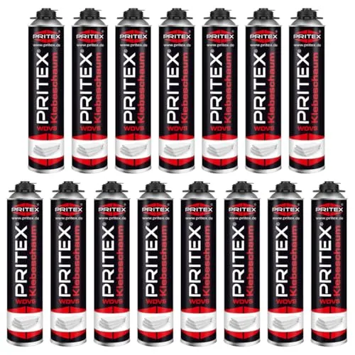 PRITEX – WDVS Klebeschaum 15 x 750 ml zum Isolieren, Fixieren & Befestigen – Dämmstoffkleber mit sehr guter Haftung, niedrigem Aushärtedruck & geringer Nachdehnung – Bauschaum für Montagepistole