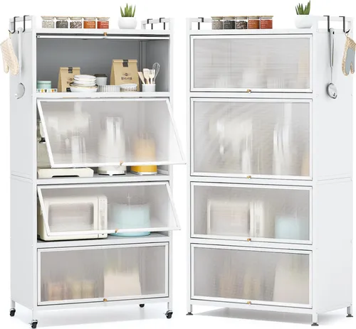 COSTWAY 5-stöckiger Küchenschrank mit Rollen und Klapptüren - Eleganter, flexibler Küchenschrank mit 4 Klapptüren und 4 Haken. Bietet viel Platz für Küchengeräte und ist sowohl mobil als auch standfest.