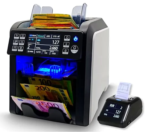 BEITZ BS-950A Geldzählmaschine mit Thermodrucker BS-P30 | 2-Taschen-System | 9-fache Falschgelderkennung | Banknotenzähler EZB-getestet | Wertzähler & Falschgeldprüfer | Offline, Anonym
