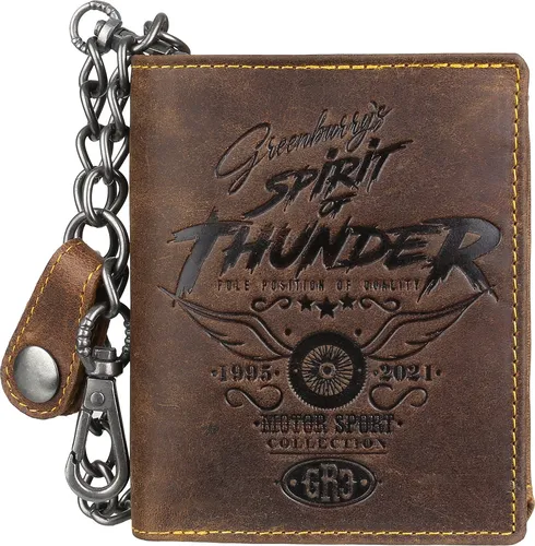 Greenburry Geldbörse Leder Herren Memphis mit Kette und RFID Schutz - Hochwertiges Portemonnaie aus antikbraunem Rindleder mit Racing-Prägung, bietet RFID Schutz gegen Datendiebstahl und ausreichend Platz für sieben Karten. Ideal für stilbewusste Männer.