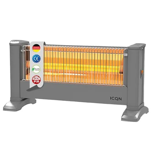 ICQN Infrarot Standheizstrahler, Für Räume bis 10m², 900 W, IP20, Elektroheizung, 135 Zentimeter Kabel, Heizstrahler für Büro oder Haus, Infrarotheizer (Silber)