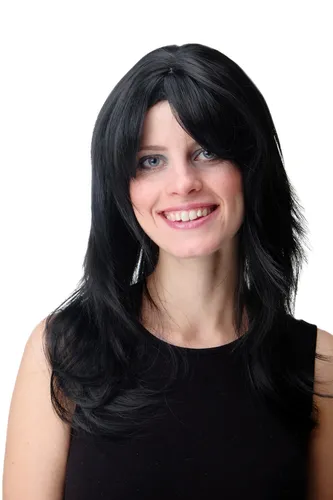 Perücke Damenperücke lang leicht gewellt Pony zum Scheiteln Schwarz GFW242-1B