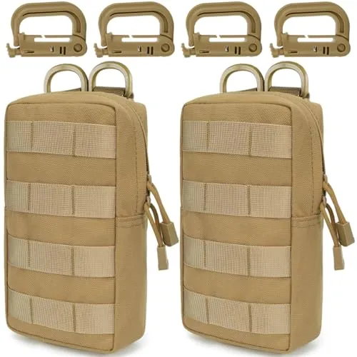 MUCHER 2 Pack Molle Tasche Taktische Hüfttaschen EDC Utility Bauchtasche Hüfttasche mit 4 Haken Rucksack-Zusatztaschen für Outdoor Wandern Jagdcamping Training (L, Khaki)