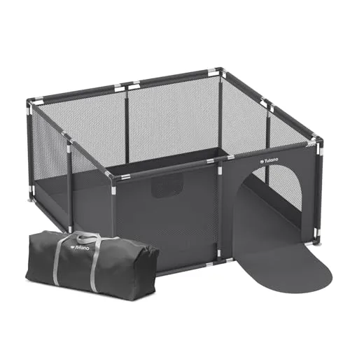 Tulano Cozy 20 Laufstall Baby 130x130 cm mit Boden, Spielgitter für Babys 6 bis 36 Monate, Tragbar Innen Außen Faltbar, Netzwände, Metallrahmen, Kinderschutz, Reisegitter, Laufgitter, Graphit