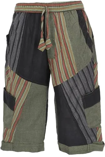 GURU SHOP Patchwork Yogahose - Herren Baumwollhose in Schwarz/Grün, Größe S - Luftig leichte Wanderhose aus Nepal mit elastischem Bund und Kordelzug für perfekten Sitz und hohen Tragekomfort.