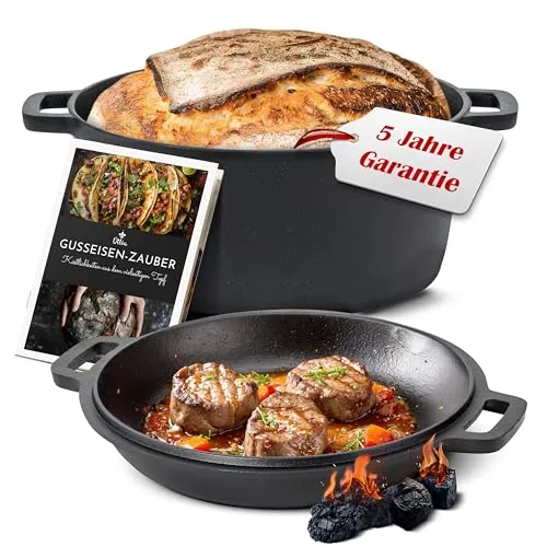 Ottia Gusseisen Schmortopf 2-in-1, 26cm, 5 Liter - Multifunktionaler Schmortopf aus reinem Gusseisen, ideal zum Brotbacken und Kochen, mit natürlicher Antihaft-Patina und 5 Jahren Garantie.