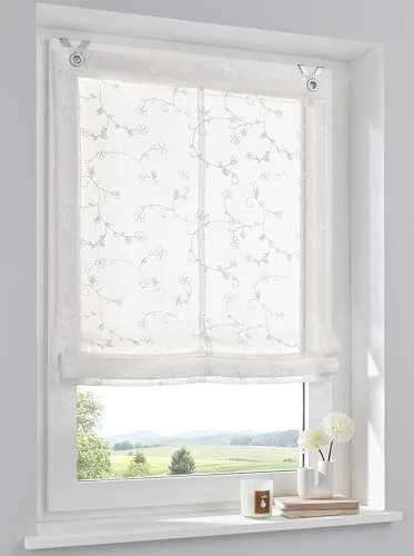 Raffrollo Liv Weiss Öse 100 x 140 cm - Hochwertiges Ösenrollo in romantischem Design mit floraler Stickerei, ideal für helles Licht und einfache, werkzeuglose Montage am Fenster. Perfekt für Schlafzimmer oder Mädchenzimmer.