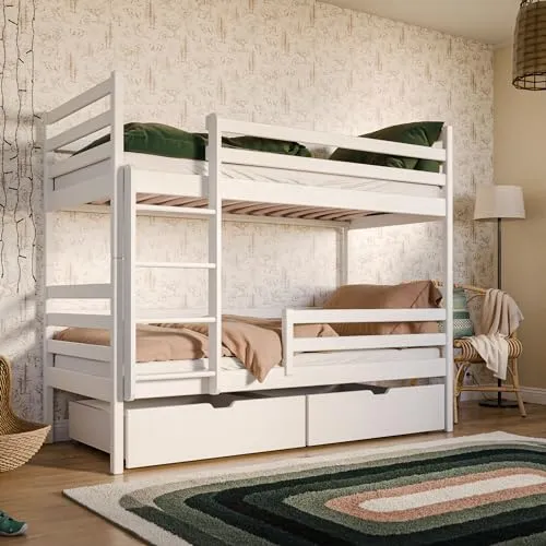 Hochbett 90x200 cm mit Rausfallschutz und 2 Schubladen - Massives Funktionsbett aus FSC Kiefernholz, umbaubar in zwei Einzelbetten, sicher und praktisch mit Stauraum für kleine Zimmer.