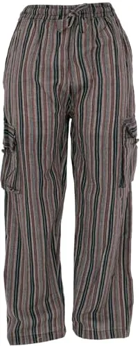 GURU SHOP Gestreifte Yogahose, Unisex Baumwoll-Goa-Hose - schwarz/braun, Größe M - Yoga-Hosen für Herren, leichte Baumwollhose mit elastischem Bund und praktischen Taschen für optimalen Komfort beim Yoga.