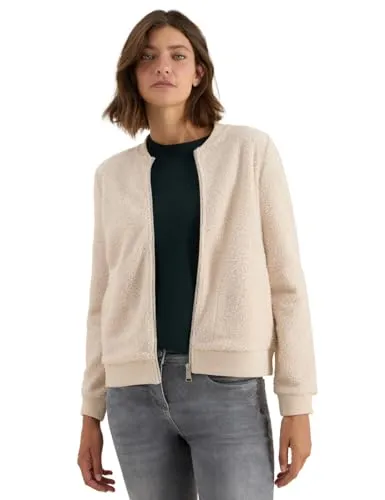 CECIL Damen Jacke 3228105 Teddy Vanilla White - Strickjacke für Damen im Blouson-Look mit Stehkragen, leicht und ideal für Übergangszeiten. Seitliche Taschen bieten zusätzlichen Komfort.