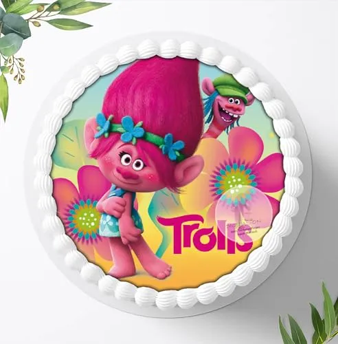 Für den Geburtstag ein Tortenbild, Zuckerbild mit dem Motiv: Trolls, Essbares Foto für Torten, Tortenaufleger Ø 20cm 0307w