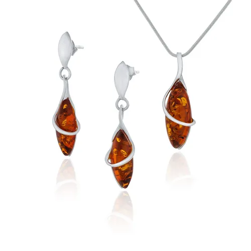 Standard Silber Schmuck Set Marquise mit Bernstein in Cognac Farbe