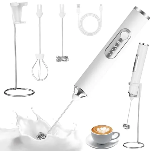 TIDEVAN Milchaufschäumer Stab, Elektrisch tragbarer, 3-Gang USB Aufladbar | mit Ständer, Wasserdicht, Abnehmbarem 2 Aufschäumköpfe, für Kaffee,Creme,Cappuccino,Latte,Cocktails (Weiß)
