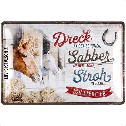 Nostalgic-Art Retro Blechschild, 20 x 30 cm, Dreck, Sabber, Stroh – Pferde – Geschenk-Idee für Pferde-Besitzer, aus Metall, Vintage Design mit Spruch, Blechschilder Sprüche