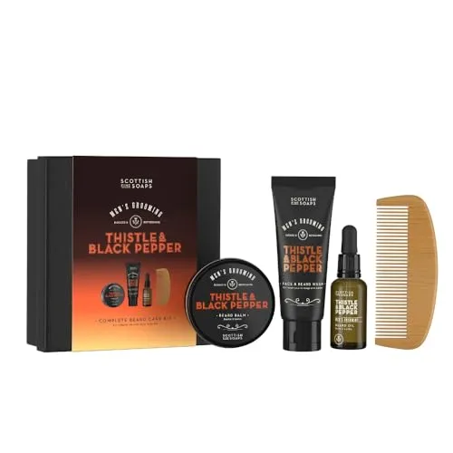 Scottish Fine Soaps Bartpflegeset für Herren, Distel & schwarzer Pfeffer - Geschenkset für Ihn, Bartbalsam, Bartöl, Gesichtswäsche und Kamm im Set