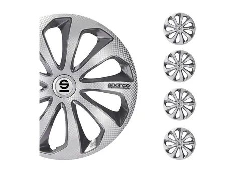 Satz Sparco Radzierblenden Sicilia 15-Zoll - Radkappen in Silber/Grau/Karbon-Design, verleihen Ihrem Fahrzeug einen sportlichen Look und schützen die Felgen.