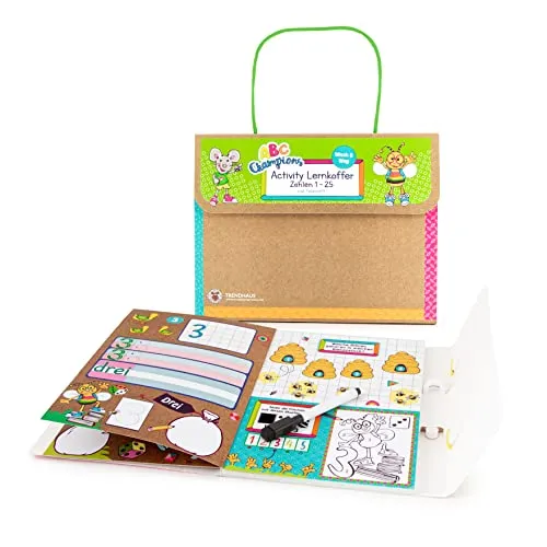 TRENDHAUS 956583 ABC Champions Wisch-und-Weg-Buch „Zahlen“, Lernkoffer zum Schulanfang, Inkl. abwischbarem Stift, Schwarz