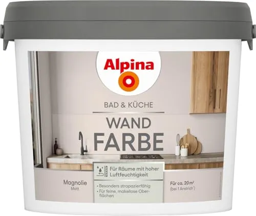 Alpina Wandfarbe Magnolie 2,5 L für Küche & Badezimmer - Hochwertige Wandfarbe in Magnolie für Küche & Badezimmer, mit geprüfter Qualität und optimaler Deckkraft für ein angenehmes Raumklima.