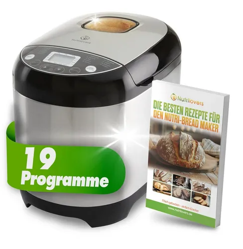 Nutrilovers NUTRI-BREAD-MAKER Edelstahl Brotbackautomat mit 19 Programmen - Vielseitiger Brotbackautomat mit 19 Programmen für verschiedene Brotsorten. Wähle zwischen 3 Bräunungsstufen und 3 Brotgrößen. Mit praktischem Timer und Warmhaltefunktion für frisches Brot jederzeit.