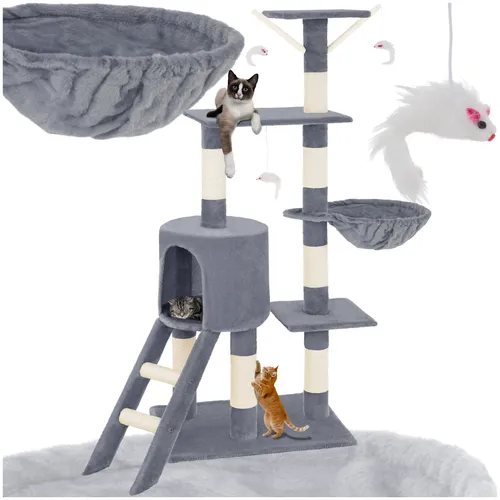 tectake® Kratzbaum 144 cm mit Katzenhaus und Treppe - Kratzbaum für Katzen, 144 cm hoch, inklusive Treppe und 3 Spielmäusen, ideal zum Krallen schärfen und entspannen, mit sicherem Kippschutz.
