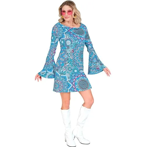 W WIDMANN MILANO 60er Jahre Kostüm - Flower Power Kleid für Mottopartys - Kostüm-Outfits für Erwachsene: Sexy Kleid mit Mandala-Motiv und Trompetenärmeln, perfekt für Schlagermove, Karneval oder Disco Mottopartys.