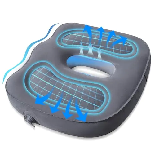 Jukibole Sitzkissen Orthopädisch, PVC Aufblasbares Orthopädisches Sitzkissen für Bürostuhl, Auto, Grau, 48*36*10cm, Ergonomisches Hämorrhoiden Sitzkissen, mit Loch, Sitzring Steißbein Entlastung