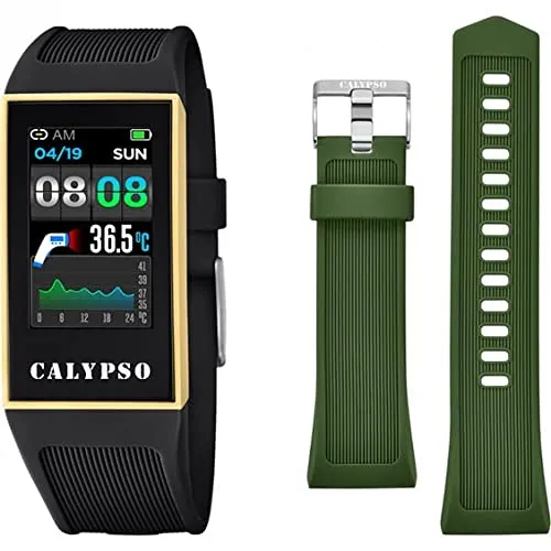 Smartime Black Gold Calypso Unisex Smartwatch - Smartwatch für iOS und Android, mit elegantem goldenen Gehäuse und schwarzem Armband aus strapazierfähigem Harz – ideal für modebewusste Nutzer.