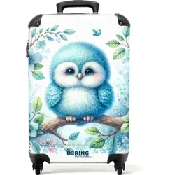 NoBoringSuitcases.com© Kinderkoffer Blaues Eulenjunges auf Ast 55x35x20cm, 4 Rollen, Handgepäck Koffer, Hartschalenkoffer Kinder, Reisekoffer Jungen