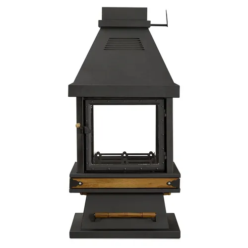 Schwarzer Edelstahl-Holz Kamin - Modern und Stilvoll - Freistehender Kamin für Innenräume, Maße: 65 x 65 x 145 cm. Hochwertige Materialien und modernes Design sorgen für eine stilvolle Atmosphäre. Ideal für gemütliche Abende.