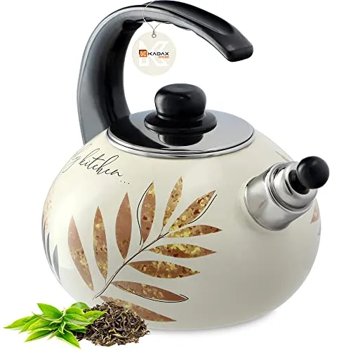 KADAX Wasserkessel 2.2L aus Edelstahl - Teekocher aus robustem Edelstahl mit feuerfestem Griff, ideal für Induktion und Gasherd, in ästhetischem Retro-Design mit Blättermuster.